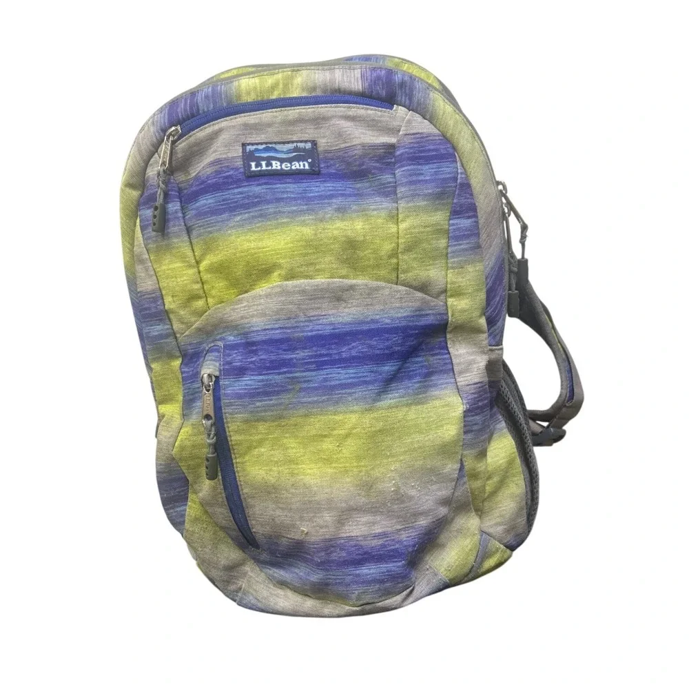 LL Bean Backpack Blue Green Space‎ Dye Stripe Multi Compartment School Travel